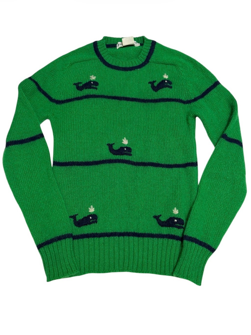 Point of View 100% Shetland Wool Sweater Whimsical Whales Green Navy XS Sz 36